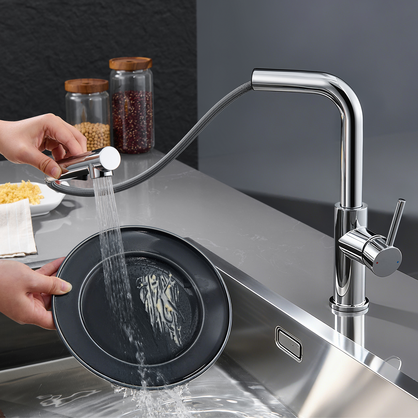 Rubinetto da cucina monocomando con doccetta Rubinetto cucina con 2 modalità di getto Rubinetto per lavello con doccetta estraibile - 3