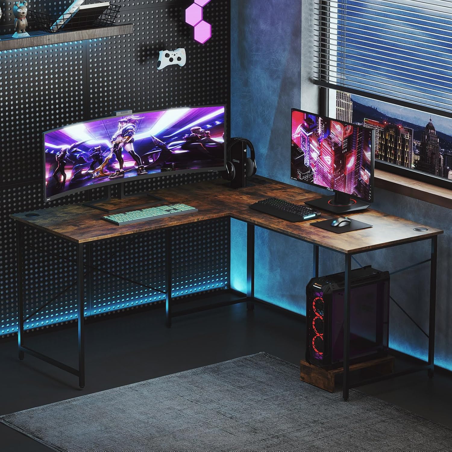 Scrivania Angolare Salvaspazio Reversibile, Scrivania ad Angolo a Forma di L con Presa Integrata, Supporto per Host e Fori per la Gestione dei - 4