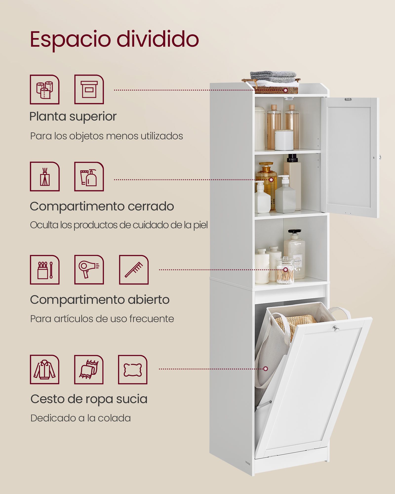 Armario de baño alto con cesto para ropa sucia, bolsa extraíble con asas, compartimento con puerta, mueble de baño, 40 x 40 x 170 cm - 6