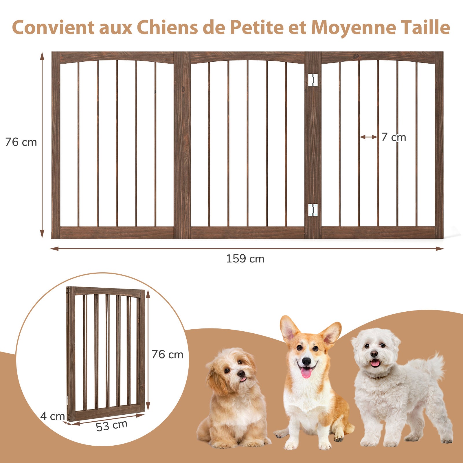Barreira de segurança para cães, barreira dobrável para cães com 3 painéis, estrutura em madeira de abeto, dobradiças flexíveis, para escadas e salas - 4