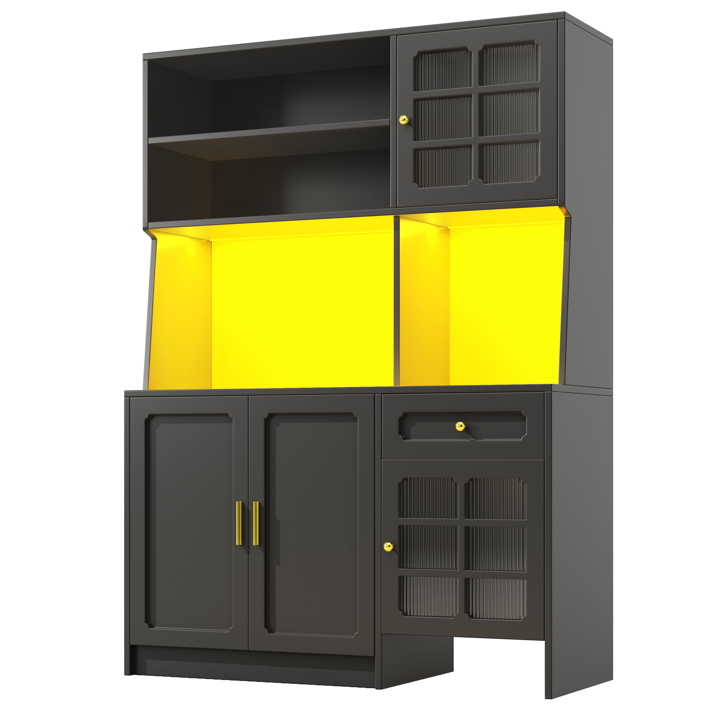Buffet de cuisine avec 4 portes et 1 tiroir, vitrine - 130 x 45 x 180 cm - LEDs - MDF et verre - Noir - 9