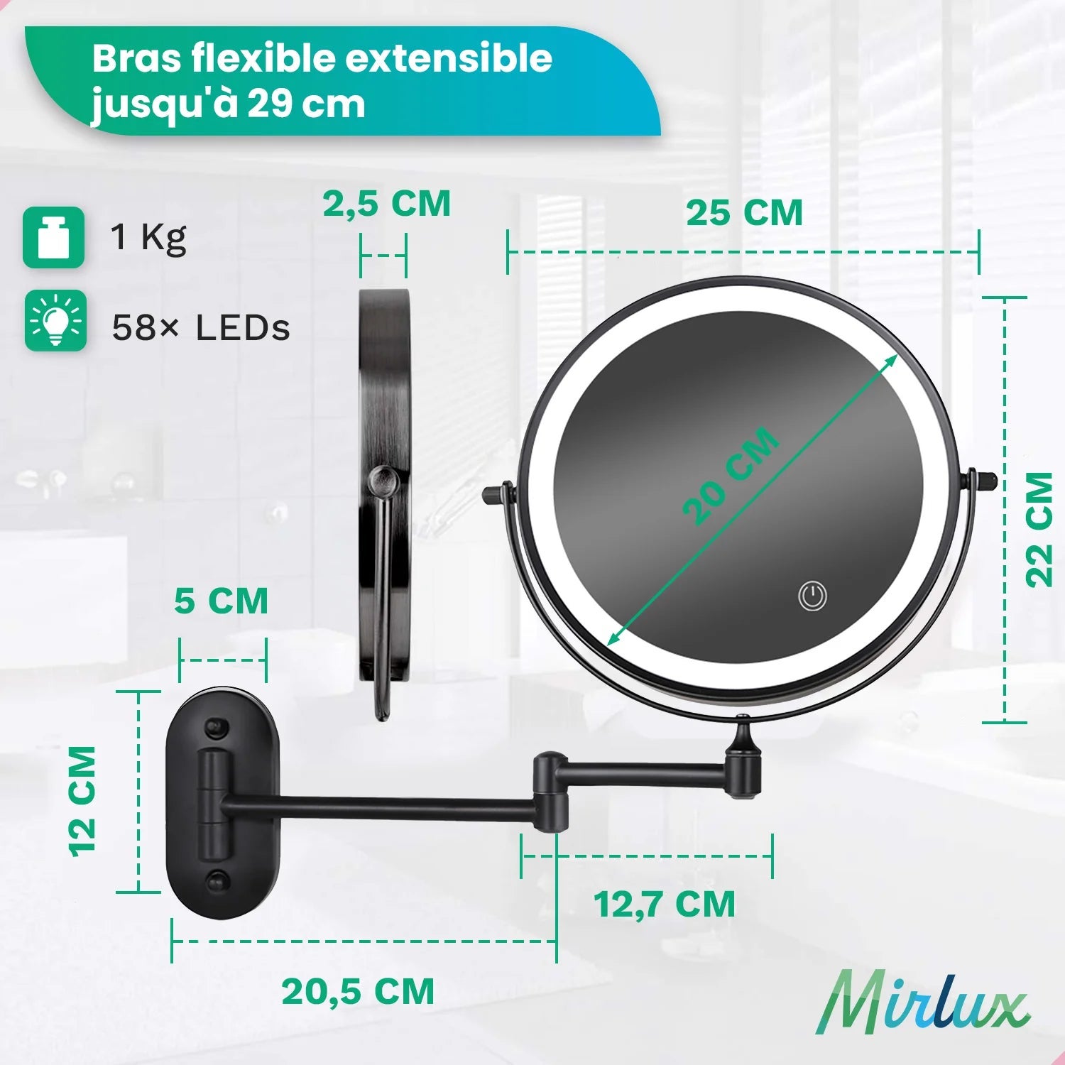 Mirlux Miroir de maquillage avec éclairage LED - Rechargeable - Grossissement x5 - Miroir de rasage - Miroir de salle de bain - Noir - 4