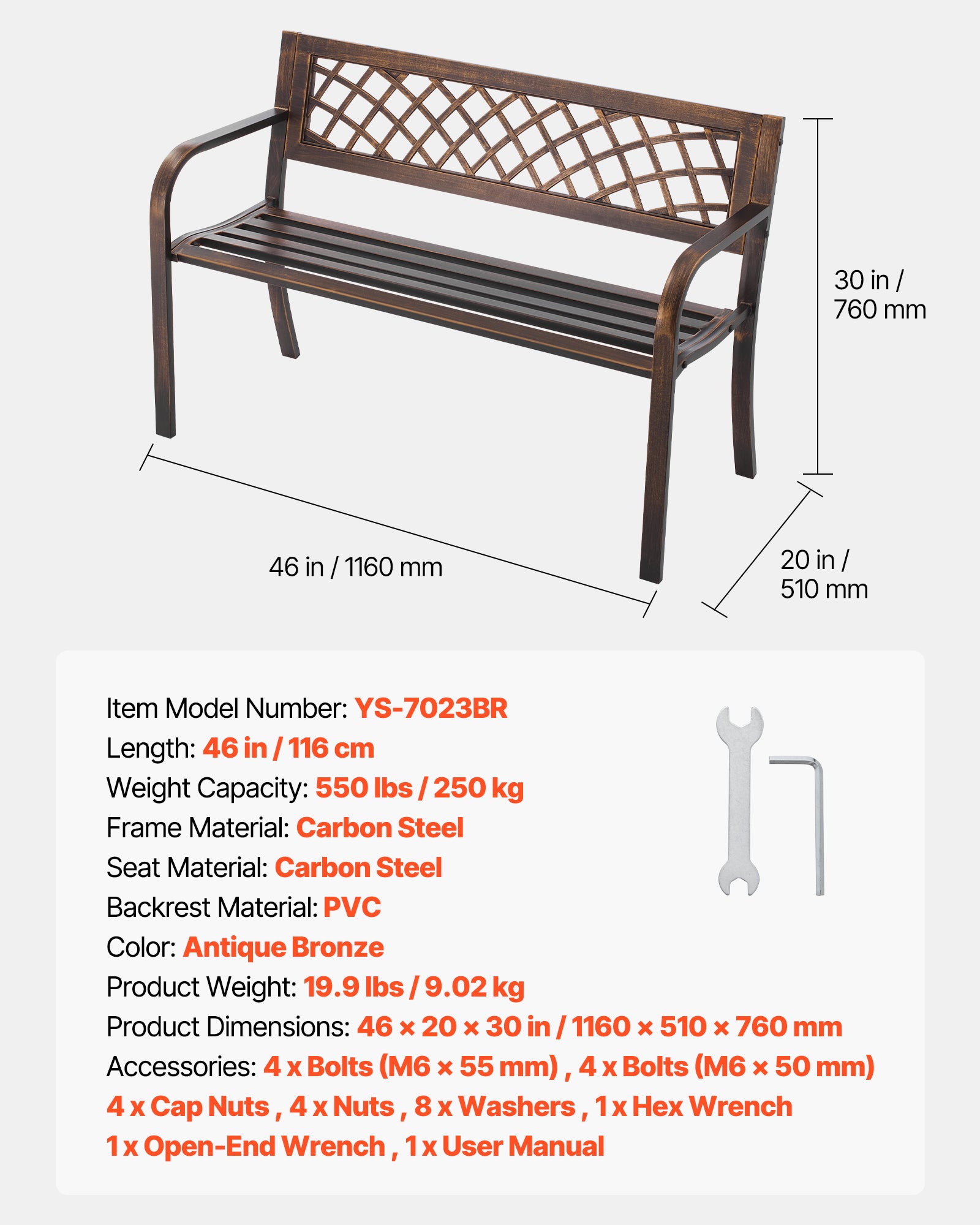 Banc de jardin,VEVOR 116 cm,en acier carbone avec dossier en maille PVC et accoudoirs à bords arrondis,pour terrasse,parc,bronze antique - 7