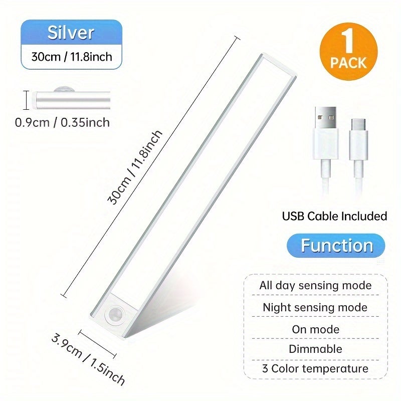 Bande lumineuse LED rechargeable avec capteur de mouvement, 30 cm, luminosité réglable et 3 couleurs de lumière, pour armoire, escaliers et couloirs - 8
