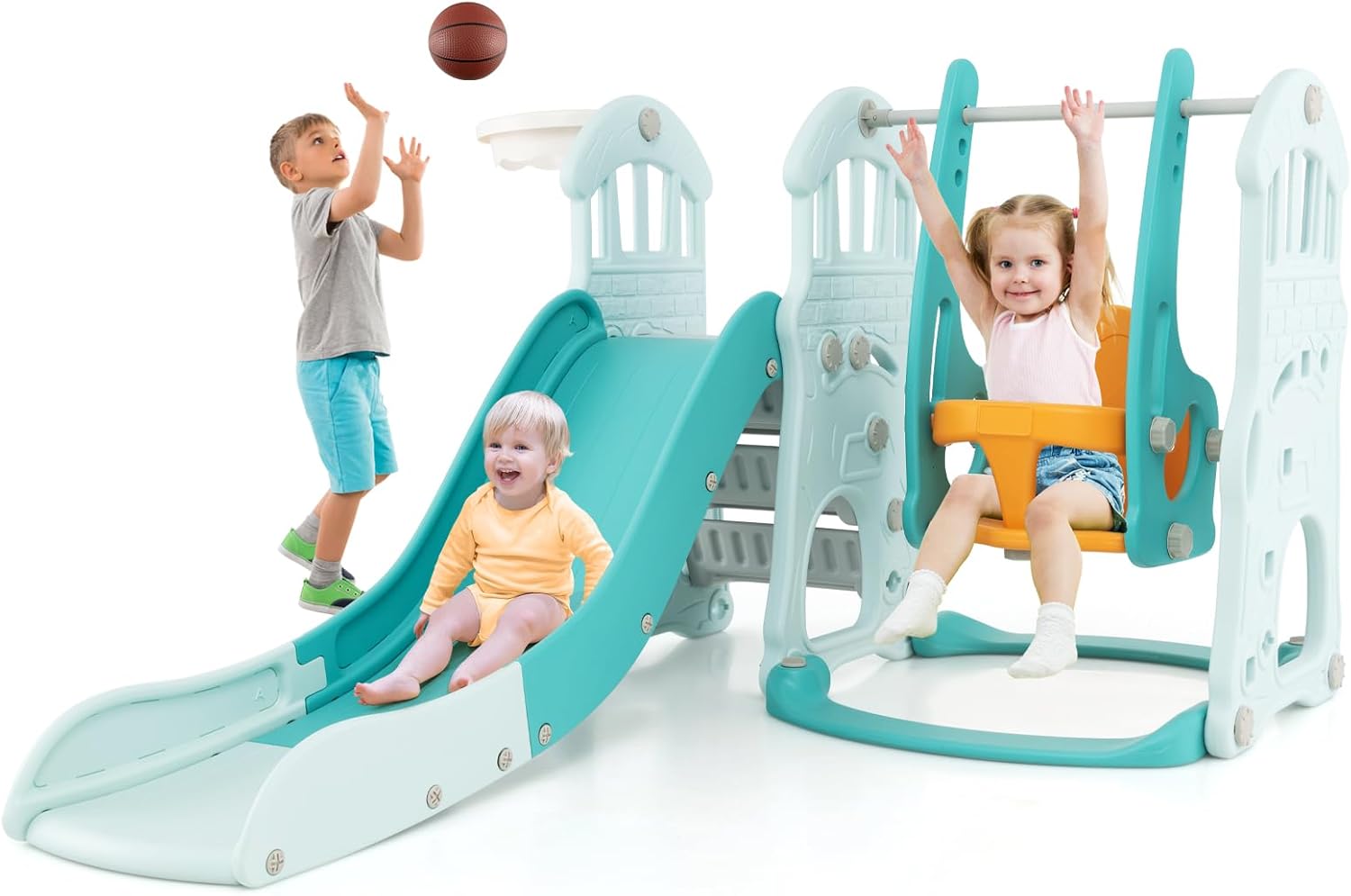 4 w 1 Składana Zjeżdżalnia dla Dzieci, Plac Zabaw ze Regulowaną Huśtawką, Koszem do Koszykówki, Zabawką dla Dzieci Powyżej 18 Miesięcy, Nośność 30 kg