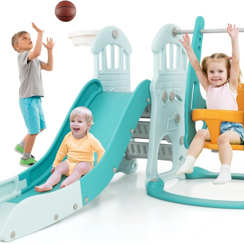 4 w 1 Składana Zjeżdżalnia dla Dzieci, Plac Zabaw ze Regulowaną Huśtawką, Koszem do Koszykówki, Zabawką dla Dzieci Powyżej 18 Miesięcy, Nośność 30 kg