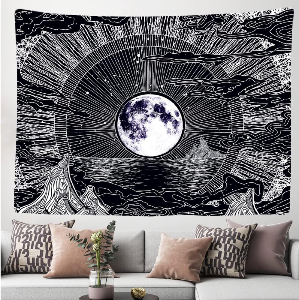 200 x 150 cm Tapisserie Murale Décorative Chambre - Lune Etoiles Nature Nuages Bohème Psychédélique Montagnes - Décoration Panoramique - 3