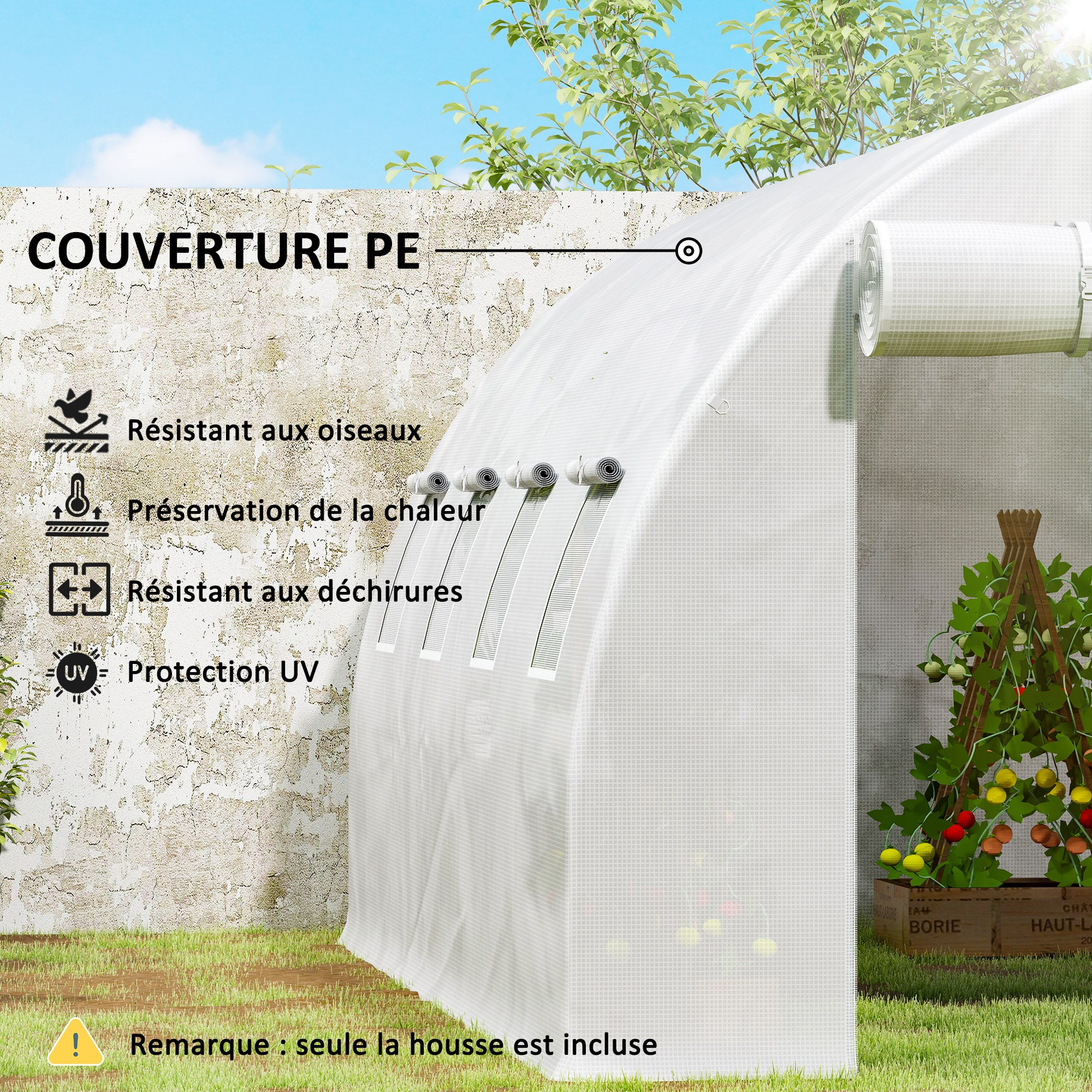 Extérieur Bâche de rechange serre tunnel 12 m² 4 x 3 x 2 m PE anti-UV imperméable 8 fenêtres + porte enroulable zippée - blanc - 8