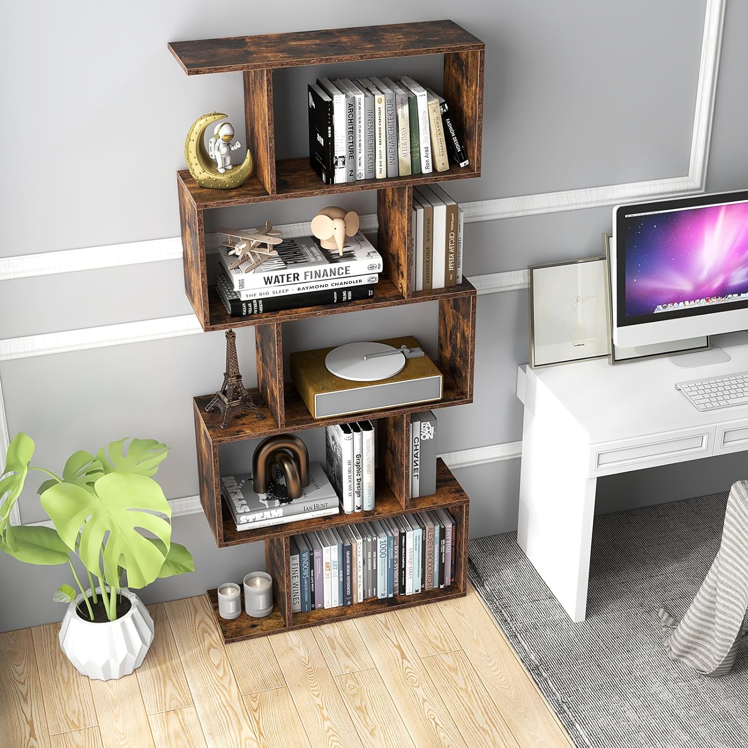 Estantería, estante de almacenamiento en forma de S, estilo industrial, mueble de almacenamiento de madera versátil para salón y oficina (5 estantes, - 2