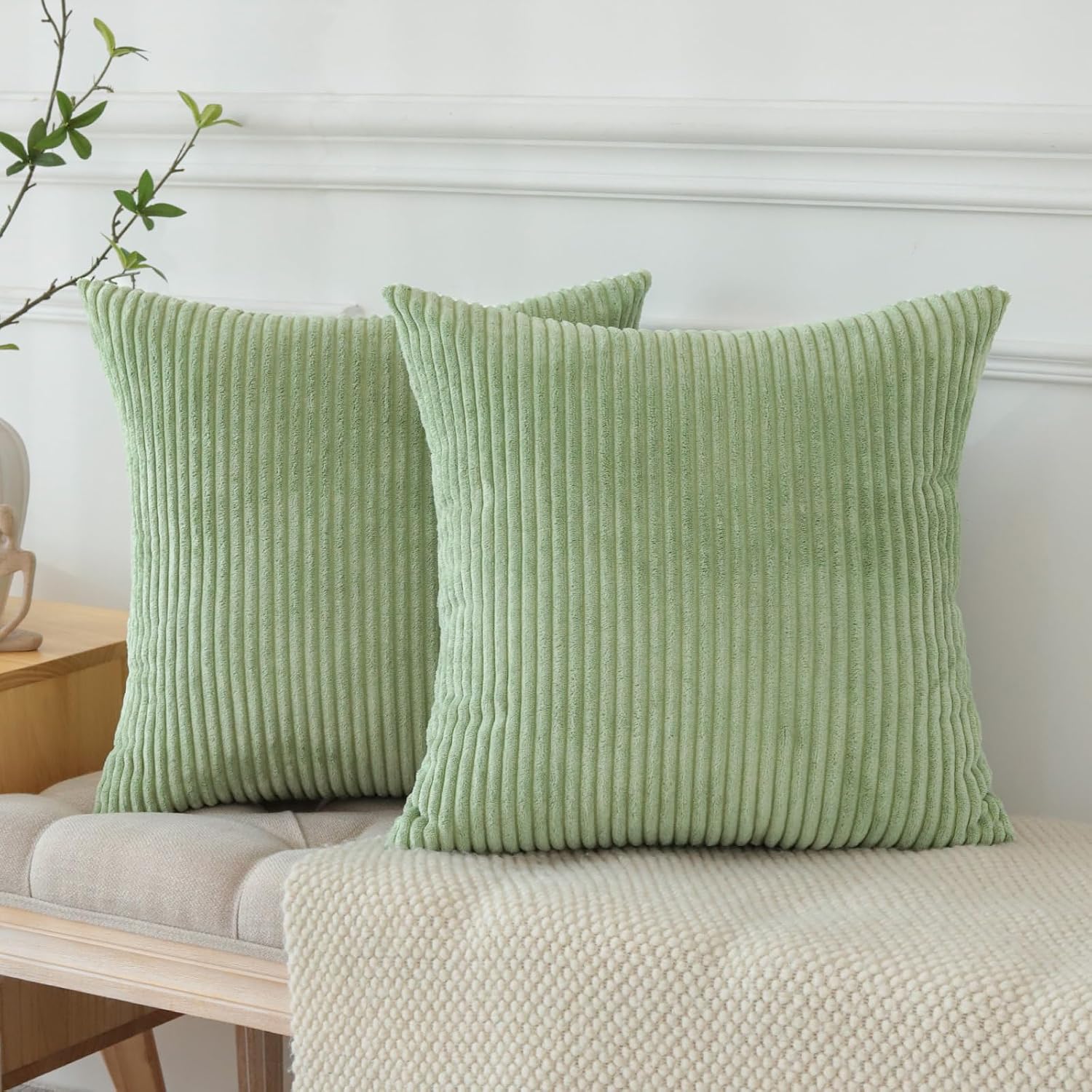 Lot de 2 Housses de coussin, velours côtelé, décoratives, pour canapé/canapé/salon, 50 x 50 cm, vert haricot - 4