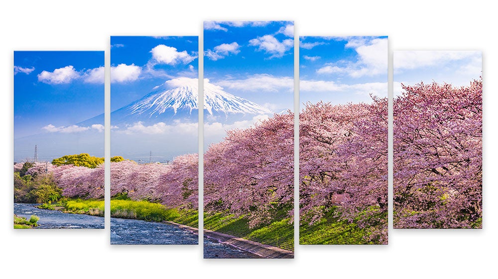 Cuadro 5 partes paisaje monte fuji y cerezos en flor - 150x80 cm