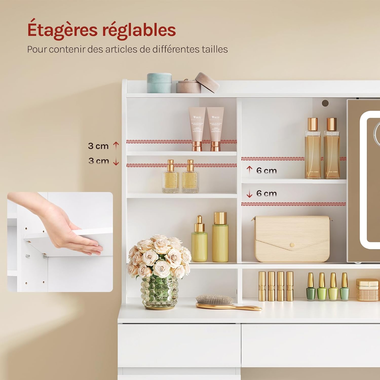 WOLTU Coiffeuse avec Miroir LED Coulissant, Grande Coiffeuse avec 9 Tiroirs, Luminosité Réglable, en Bois, Blanc - 5