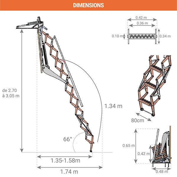 Escalier escamotable mural électrique - Trappe : 80x120cm - Hauteur sol à sol 2,70 à 3,05m - FGM/80/120 - 2