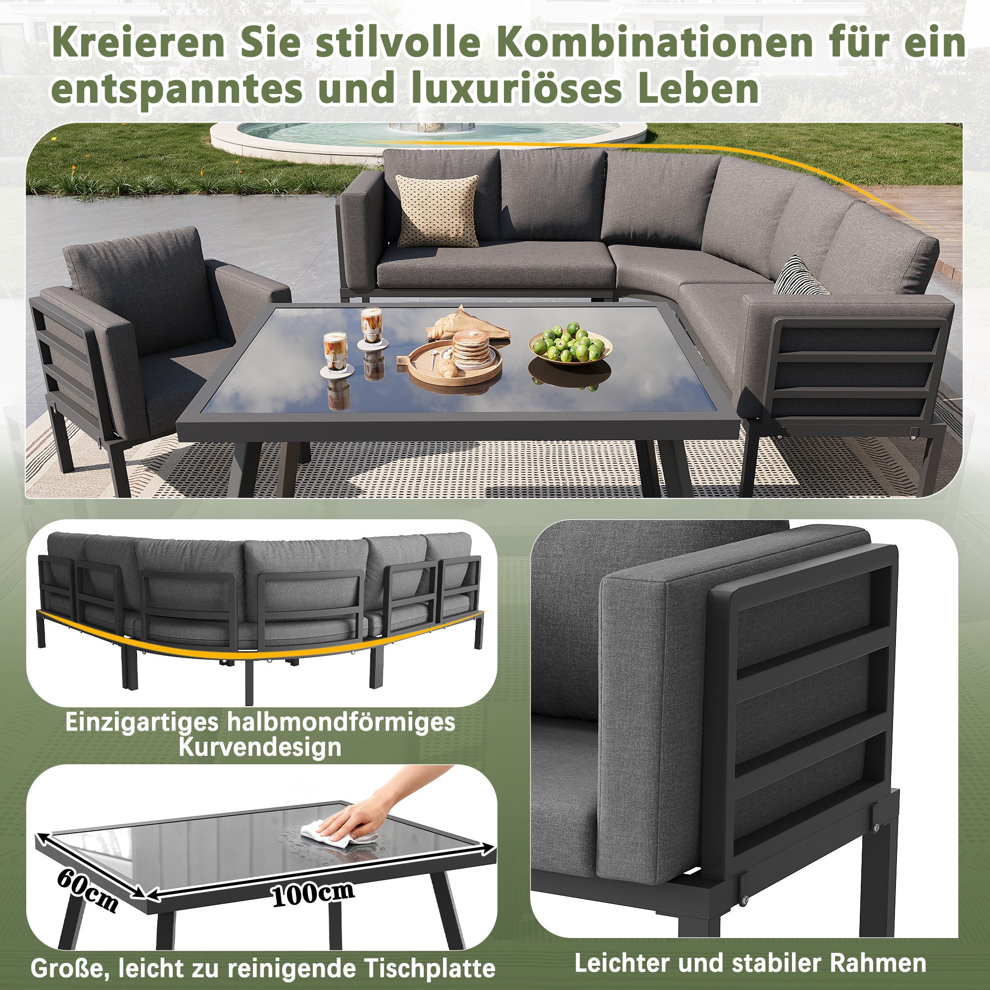 Salon de jardin en fer pour 8 personnes, canapé de jardin en forme de croissant, mobilier pour balcon et terrasse, avec coussins gris - 8