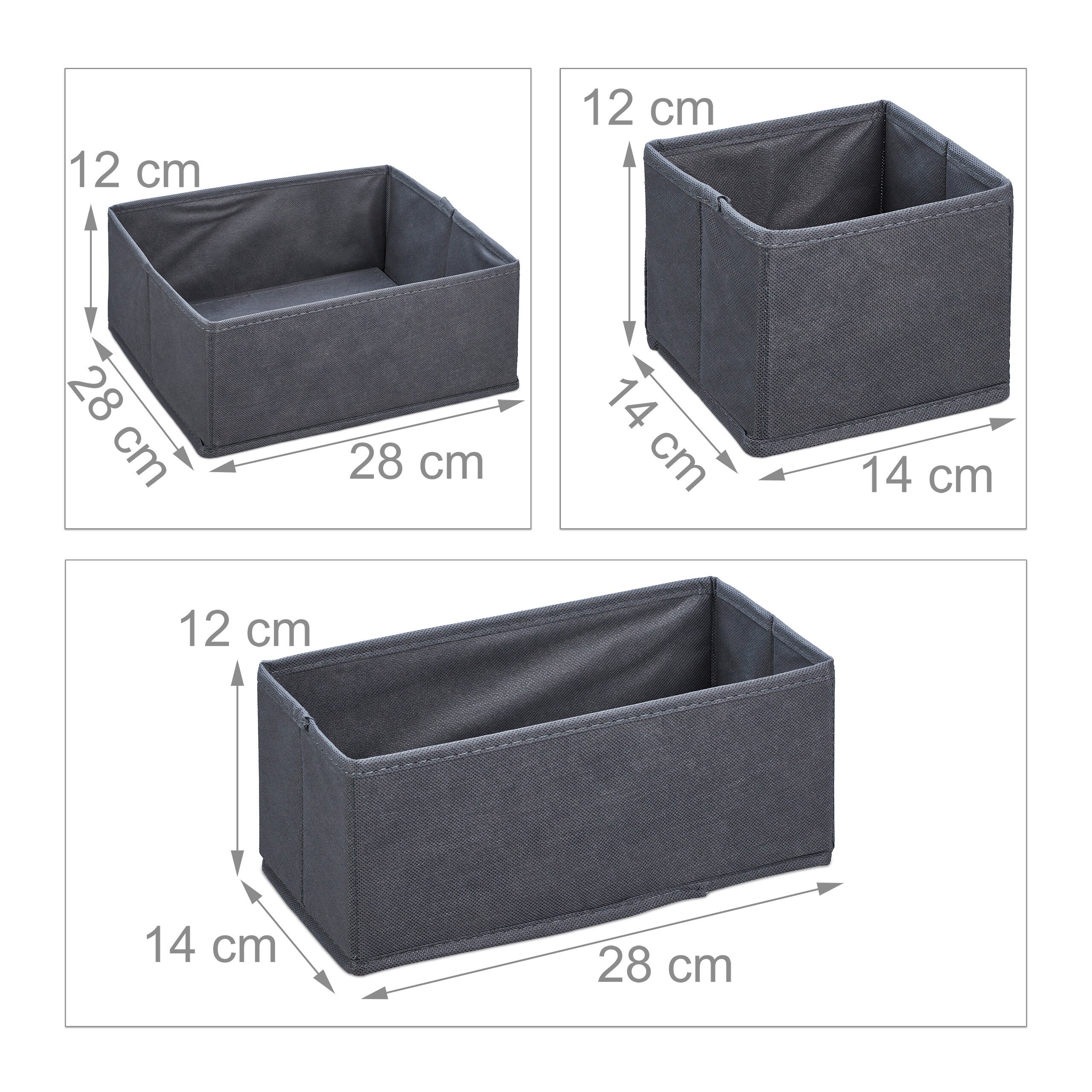 Organiseurs de tiroirs, 6 boîtes de rangement pour l’armoire, le dressing, etc, pliables, 3 tailles, gris, Relaxdays - 4