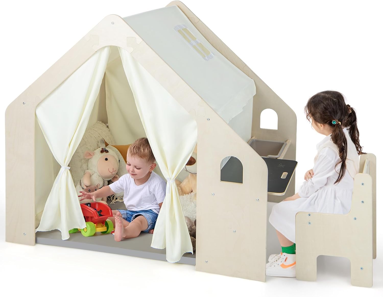 Drewniany Domek do Zabawy dla Dzieci w Wieku 2-6 Lat, Namiot do Zabawy 6 w 1 z Tablicą, Stołem, Krzesłem, Pojemnikiem, Matą Podłogową (131×98×113 cm)