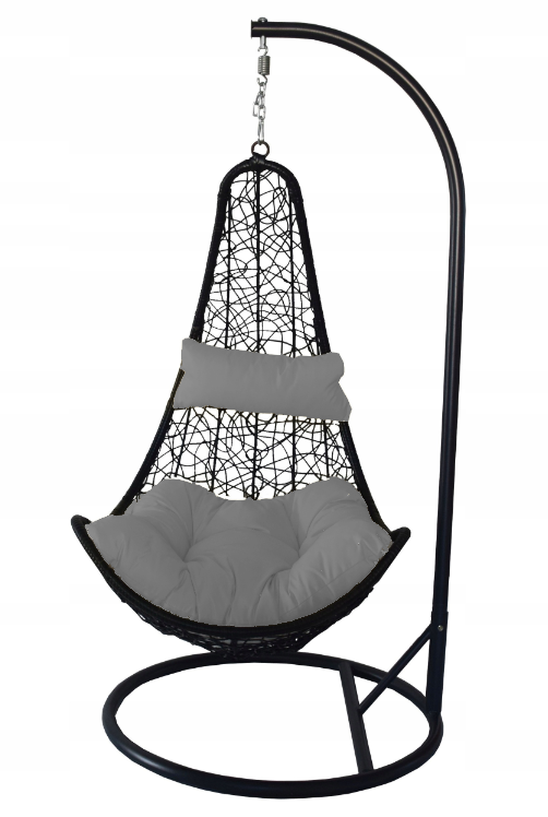 Fotel Wiszący Kokon KOSZ ŁEZKA CZARNY STELAŻ PODUSZKA SZARA