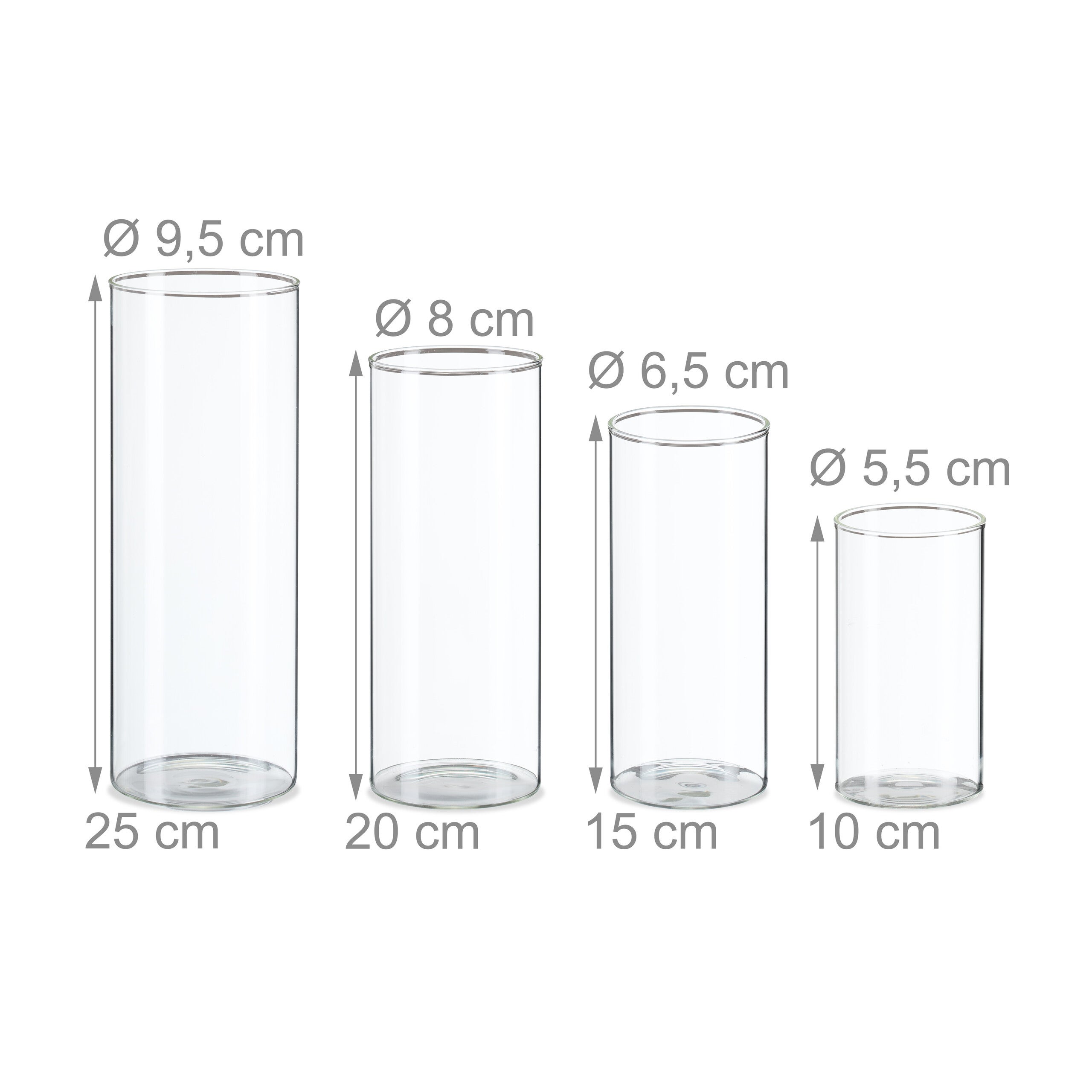 Conjunto de 4 vasos de vidro para flores e velas, 4 tamanhos: 10 x ø 5,5, 15 x ø 6,5, 20 x ø 8 e 25 x ø 9,5 cm, transparentes, Relaxdays - 4