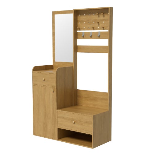 Armoire compacte, étagère d'entrée multifonctionnelle et moderne – élégant meuble de rangement couleur bois avec miroir, crochets, 105 cm - 9