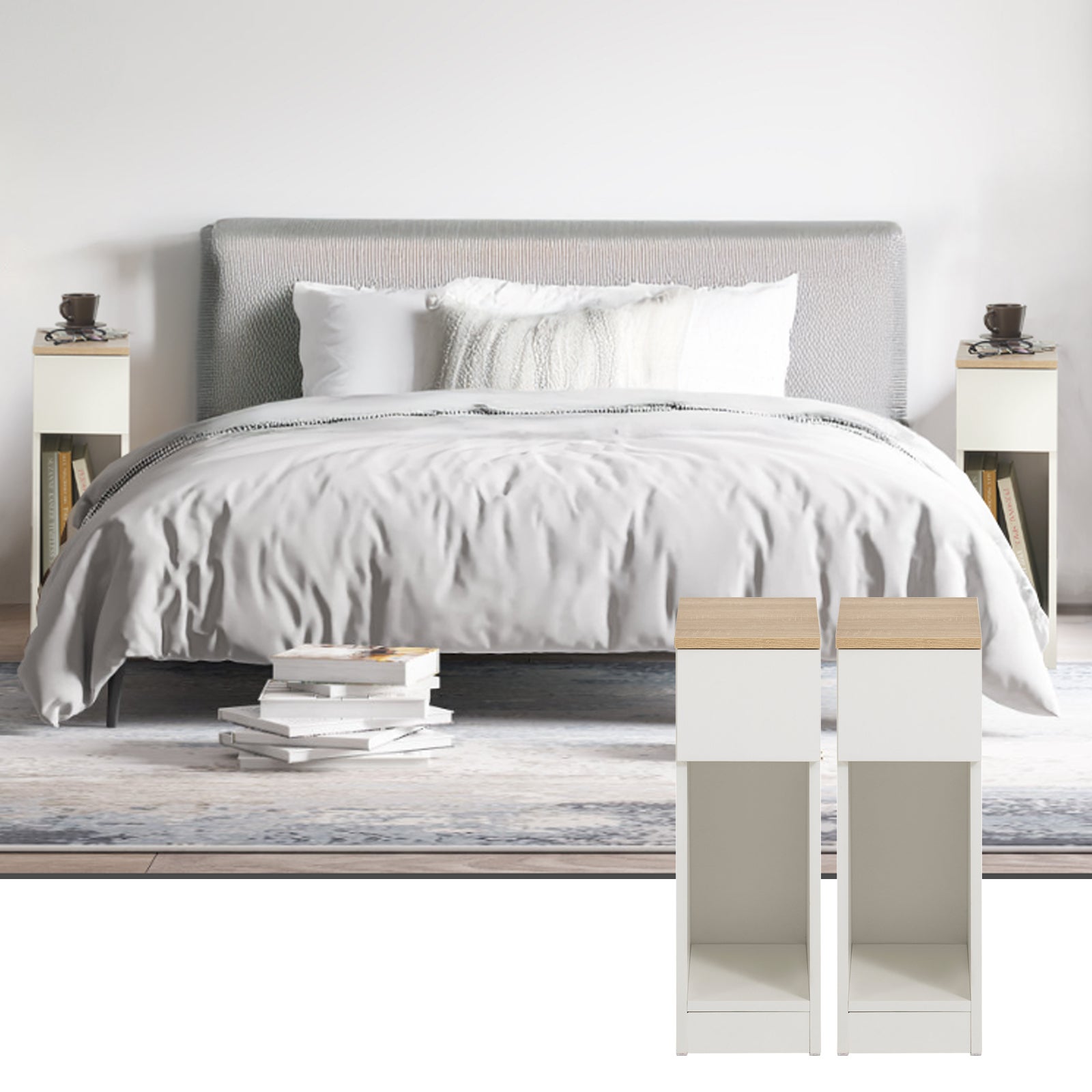 SoBuy Lot de 2 Table de Chevet étroite 20 cm avec tiroir Table de Nuit Gain de Place & Chevet de lit Blanc 20x35x60 cm - 2