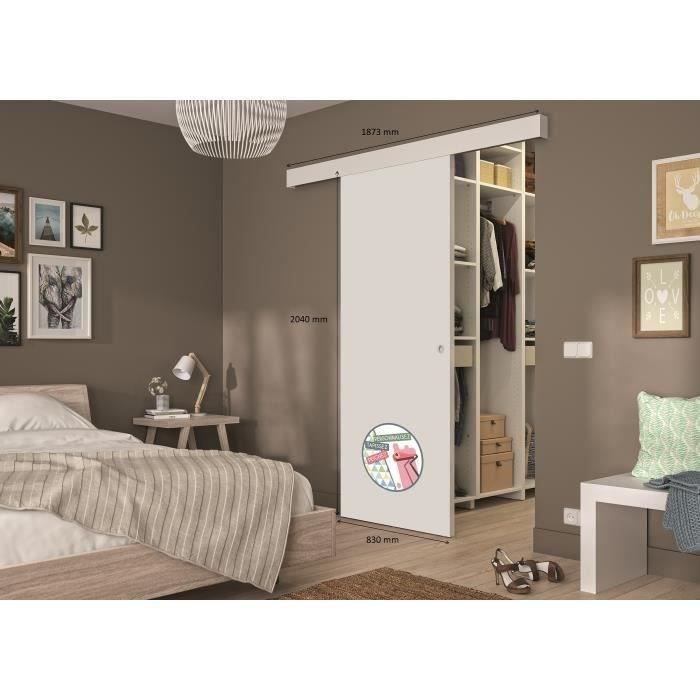 Kit porte coulissante - Blanc - rail 2 amortisseurs + cache rail blanc - H 204 x L 83 cm - 7