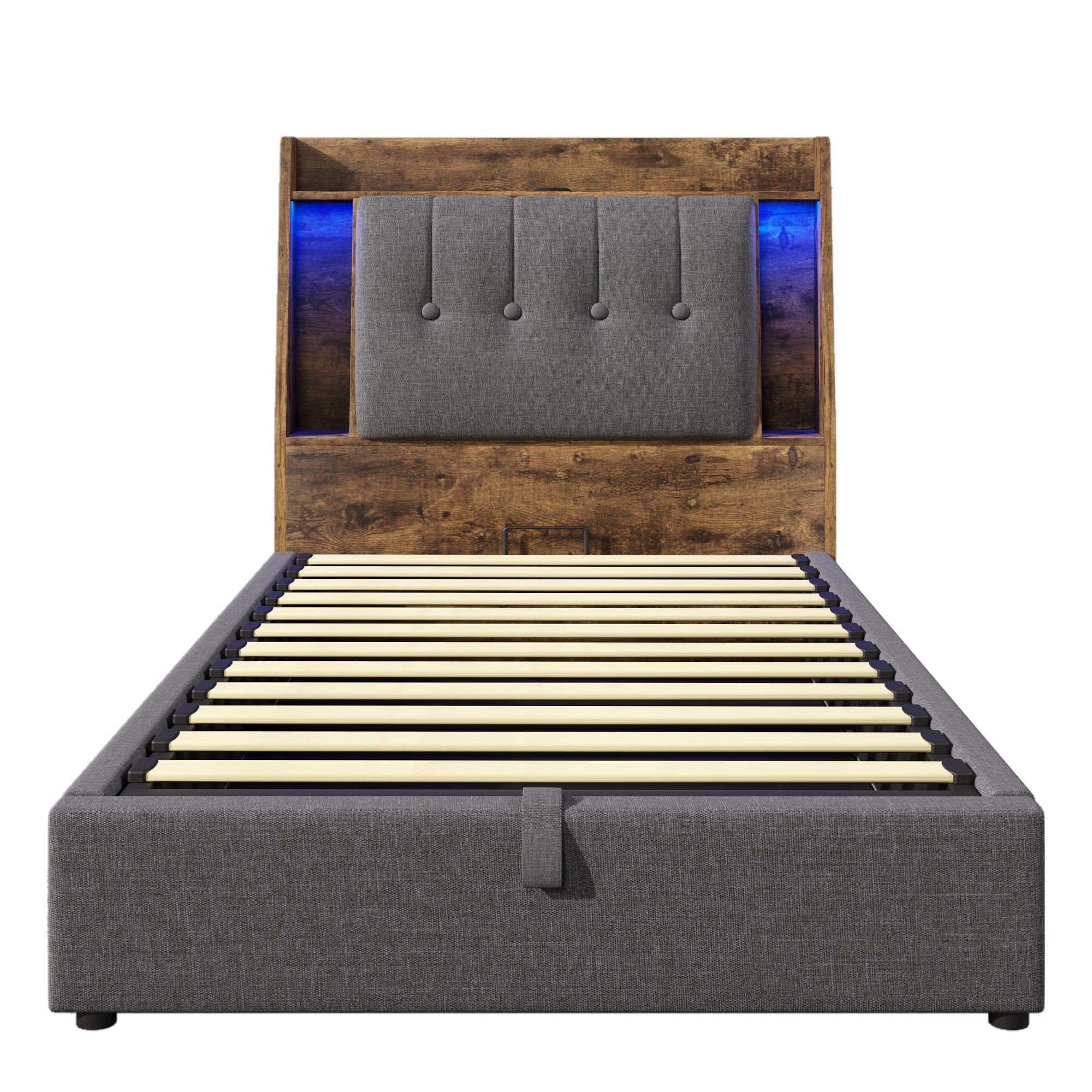 letto contenitore 90x200 cm con LED e porte USB-C lino MDF grigio senza materasso - 9