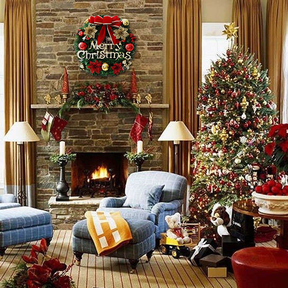 Couronne de Noël de 30 cm avec boules et nœud, guirlande de Noël pour porte d'entrée, décoration d'arbre mural, couronne de joyeux Noël - 4