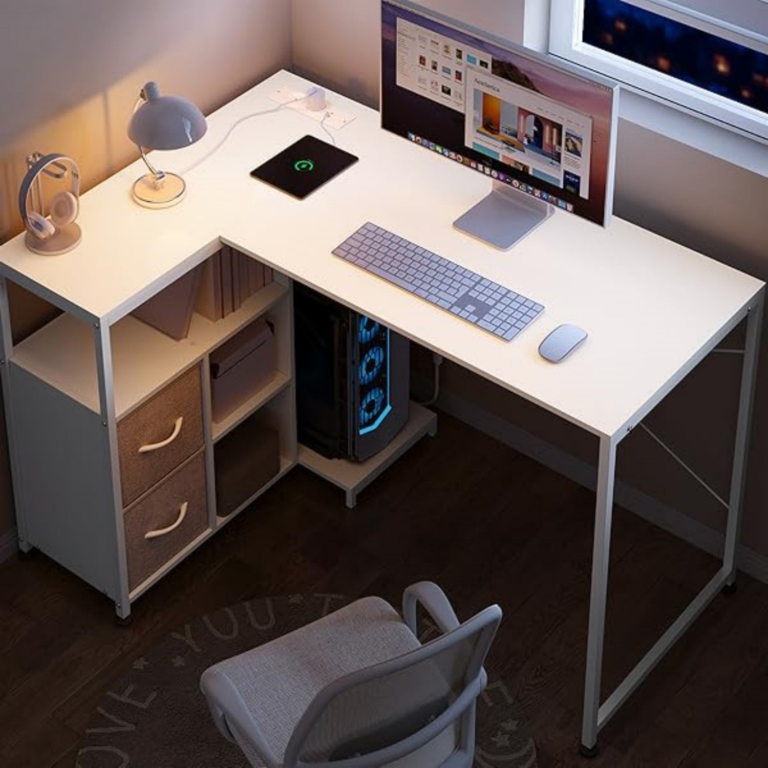 Bureau d'angle WOLTU, 120x80 cm, Table d'Ordinateur avec Étagère Réversible, Prises et Port USB-A Typ-C, Forme de L, Cadre en Métal, Blanc - 2