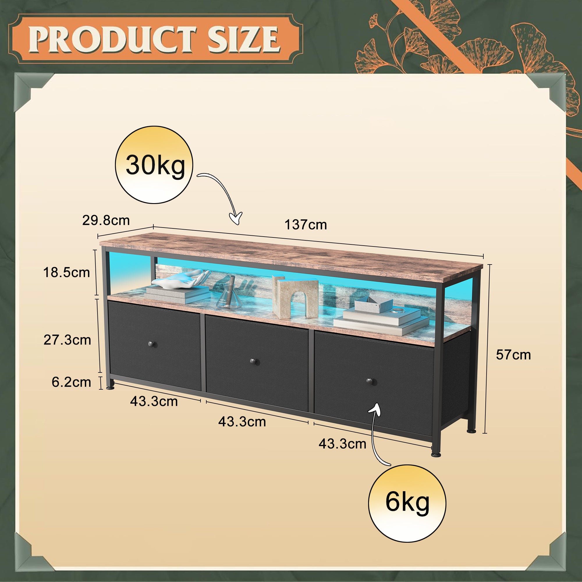 Meuble TV 137 CM avec lumières LED 3 tiroirs Panneau de particules et Pieds de table en métal Hauteur réglable PU noir - 2