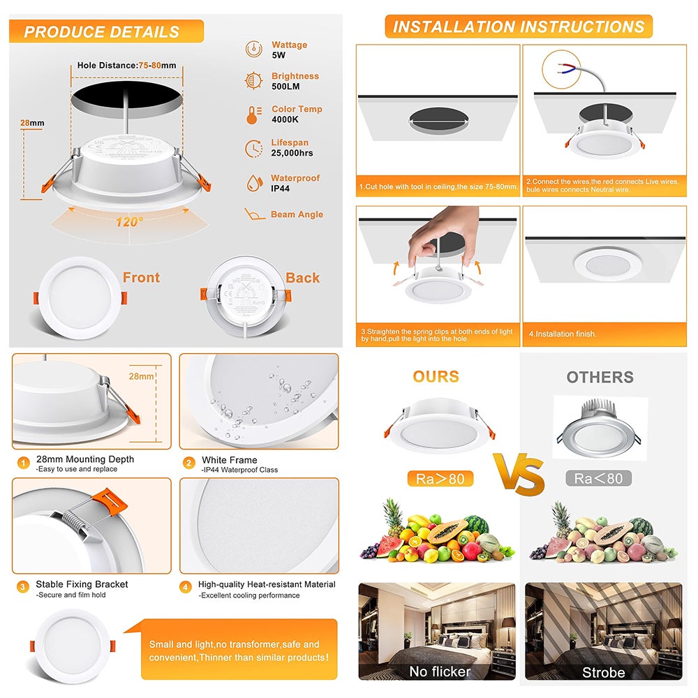 Confezione da 10 Faretti LED da Incasso, 5W Lumen Equivalenti a 50W Incandescente, Bianco 4000K, Ultra Piatti, per Bagno, Cucina, Soggiorno, Corridoio - 7