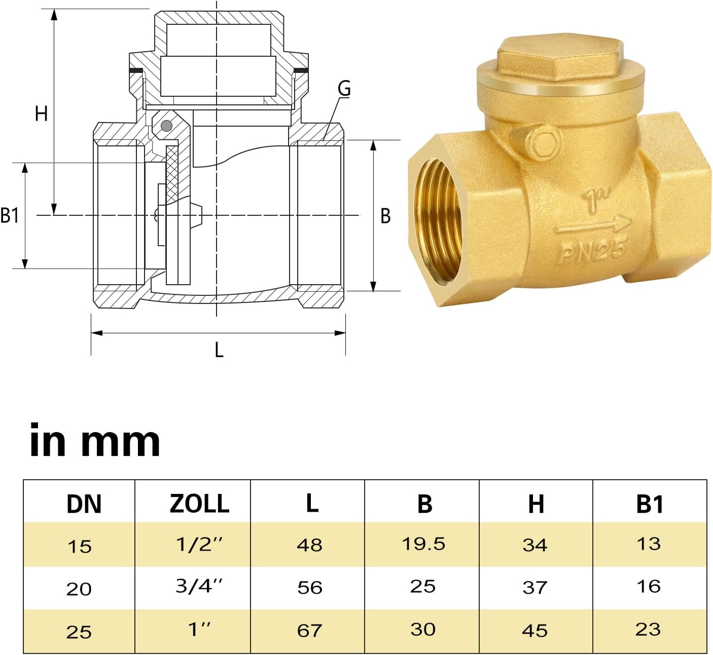 1 articleClapet Anti-Retour, Filetage Femelle en Laiton, Clapet Anti-Retour 1