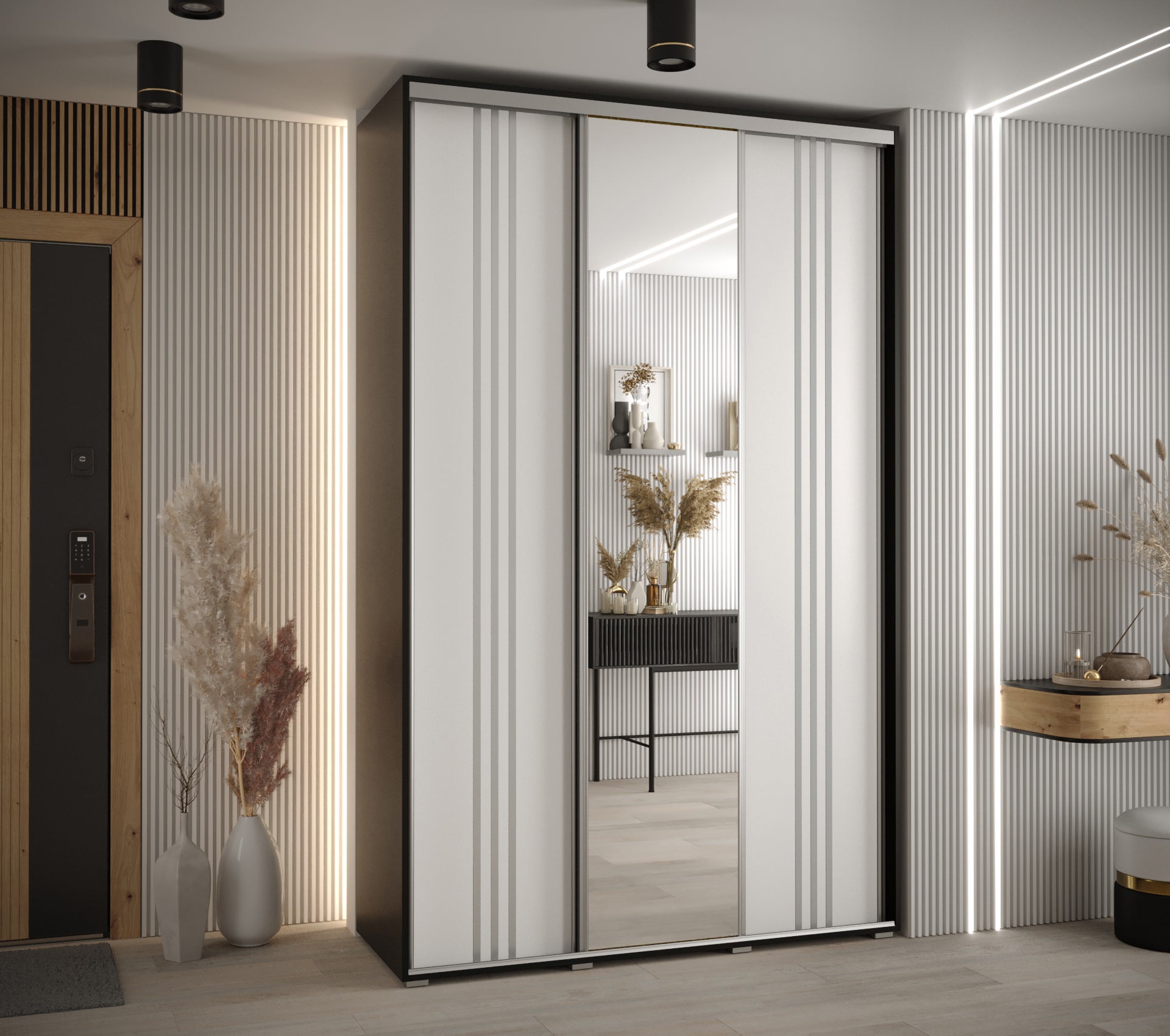 Szafa przesuwna z lustrem wysoka Davos 7 160 x 45 x 235,2 cm czarny + biały + u. srebrny - Abiks Meble - 2