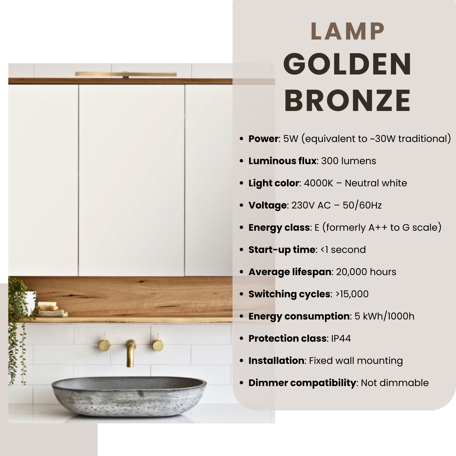 Applique LED 30 cm Pour Miroir de Salle de Bain – Lampe IP44 Étanche, Lumière Neutre Uniforme 4000K – Couleur: Golden Bronze - 5