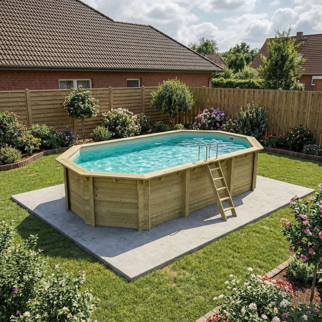 Piscină supraterană din lemn NEMO 7,3 x 3,97 - H. 1,45 m, nisip, elemente de fixare pentru îngropare - BAS7305OSPI3