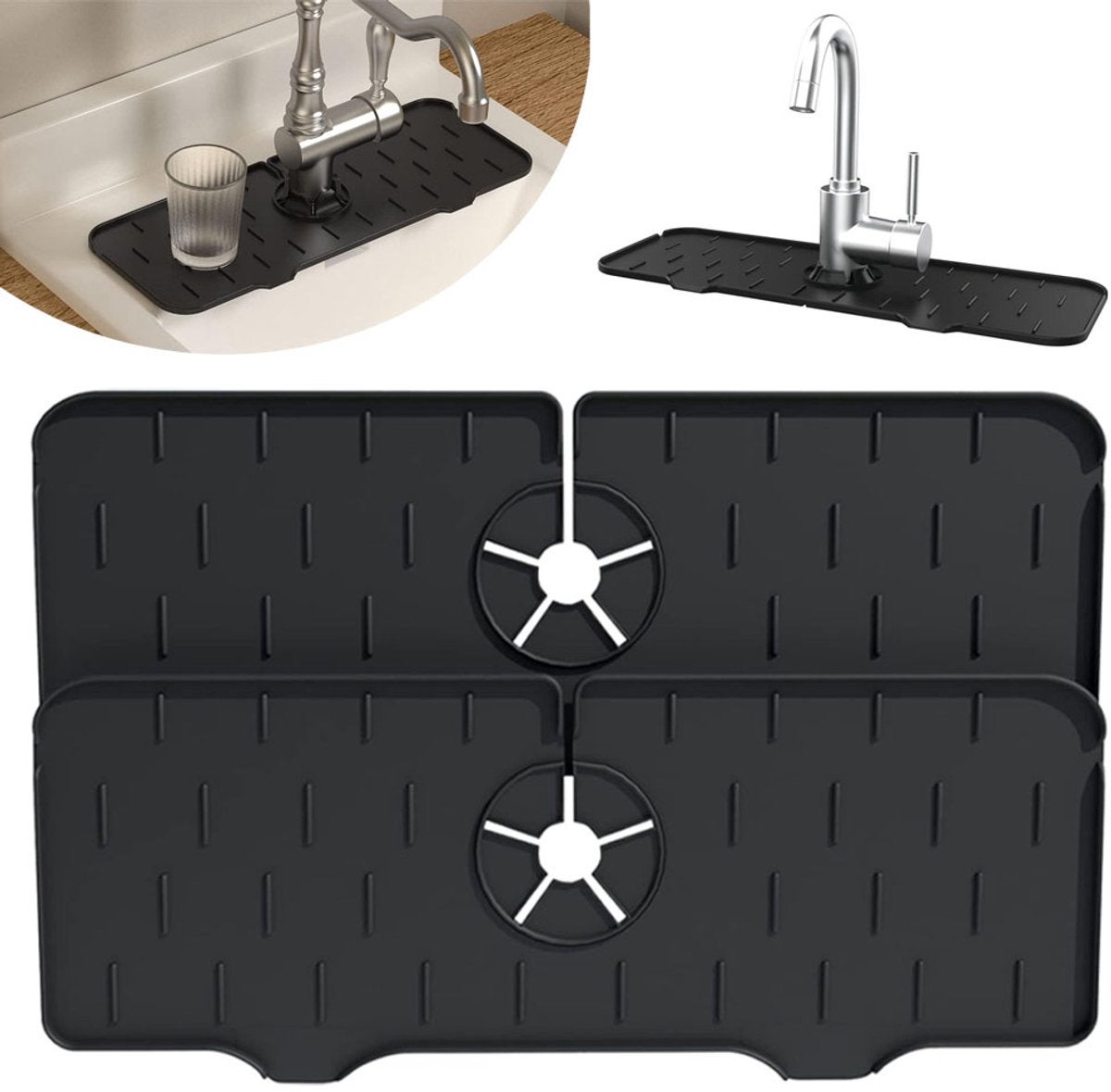 Zestaw 2 mat pod kran 37 x 14 cm, kolor czarny - mata pod zlew - silikonowa mata odpływowa - mata osuszająca - mata zbierająca wodę