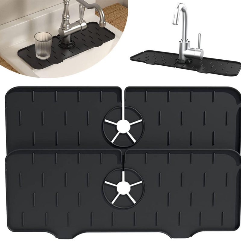 Zestaw 2 mat pod kran 37 x 14 cm, kolor czarny - mata pod zlew - silikonowa mata odpływowa - mata osuszająca - mata zbierająca wodę