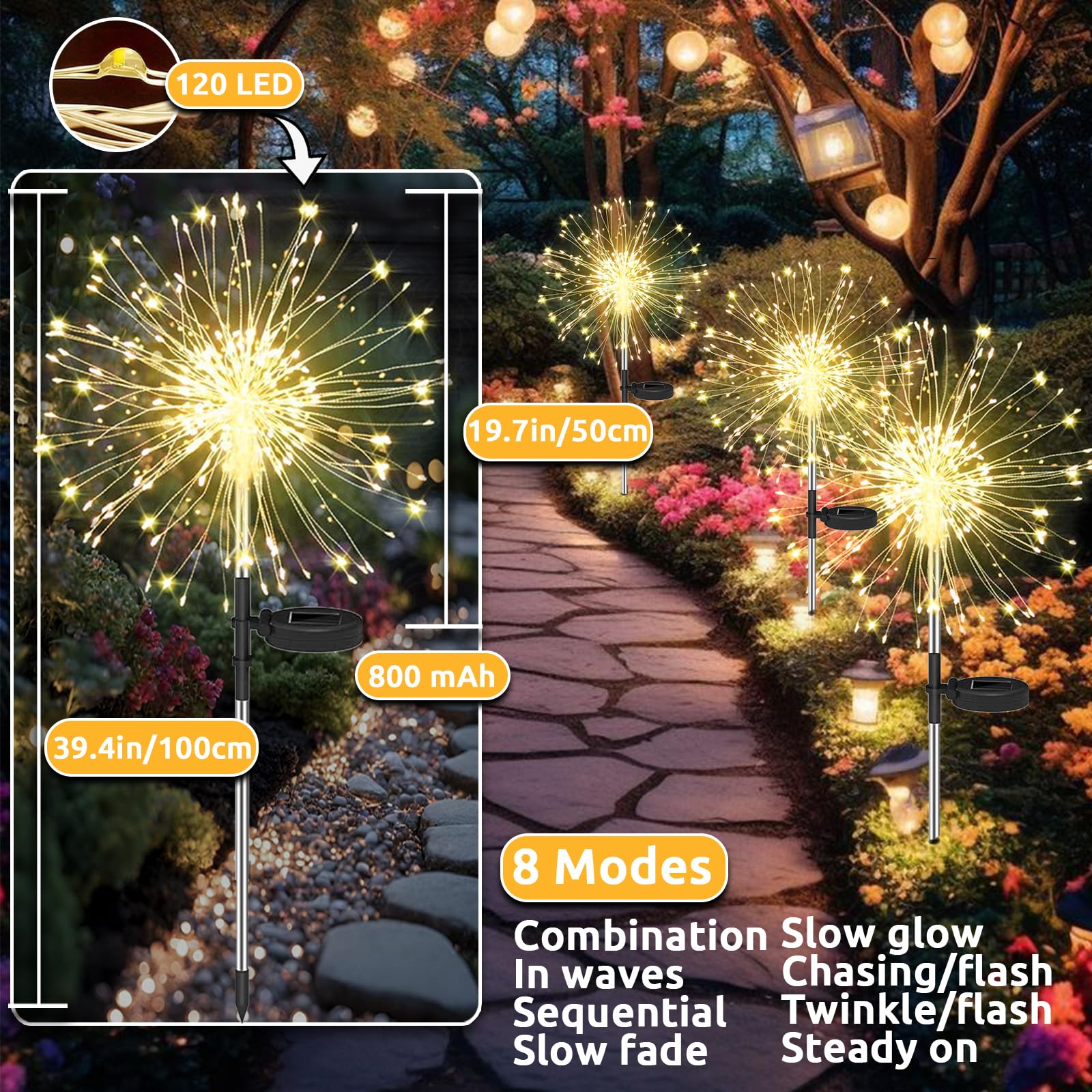 Lot de 2 lampes solaires extérieures 120 LED,effet feu d’artifice,IP65 étanche,8 modes d’éclairage,pour terrasse,jardin,chemins,décor blanc chaud - 5