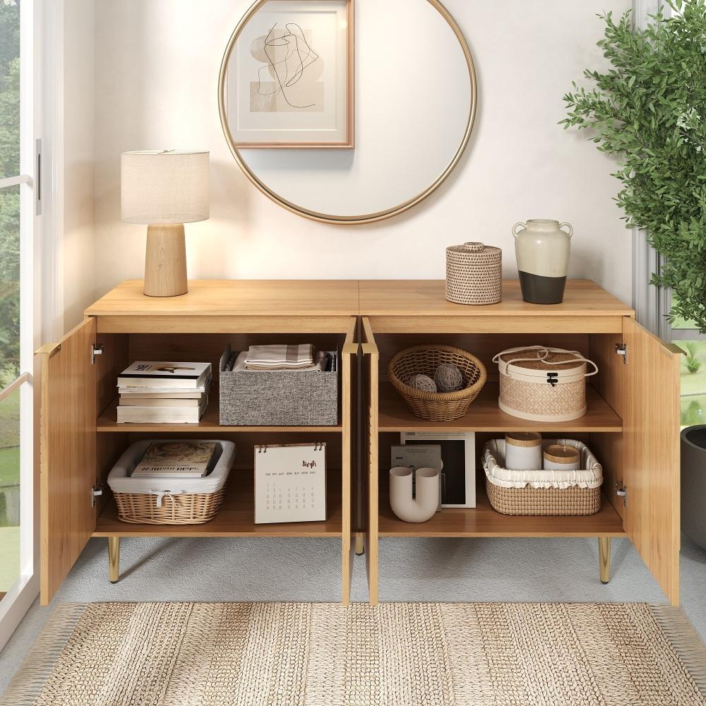 Nowoczesny kredens z naturalnego drewna z 4 drzwiami i przestrzenią do przechowywania, 140 x 40 x 72 cm, elegancki i funkcjonalny - 2