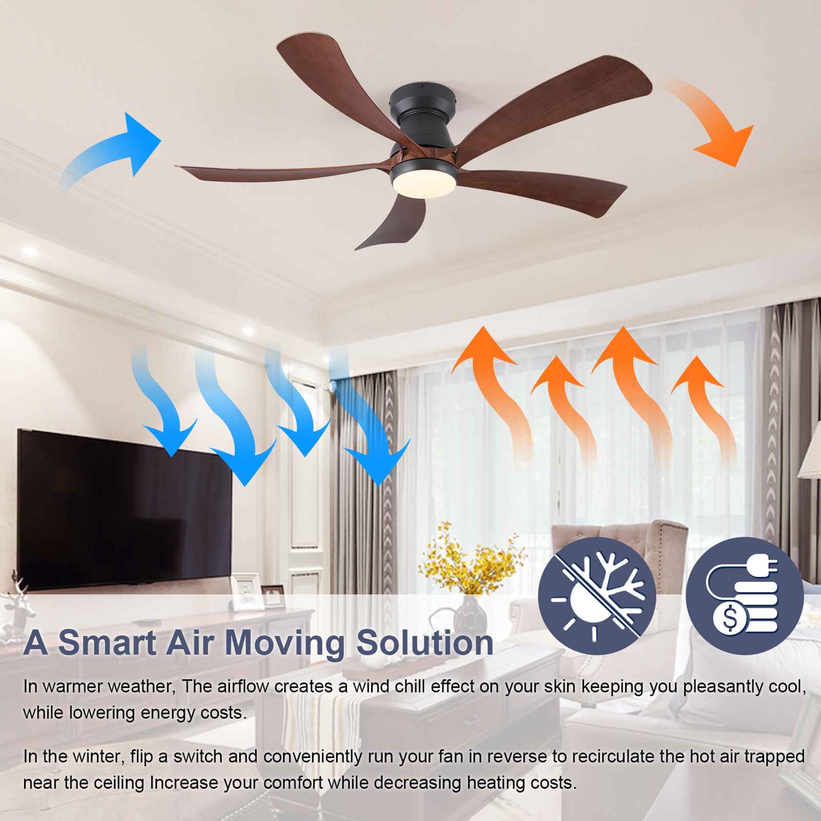 Ventilateur Plafond 132cm LED Intelligent Télécommande Été/Hiver 6 Vitesses Vent Naturel Veilleuse - 3