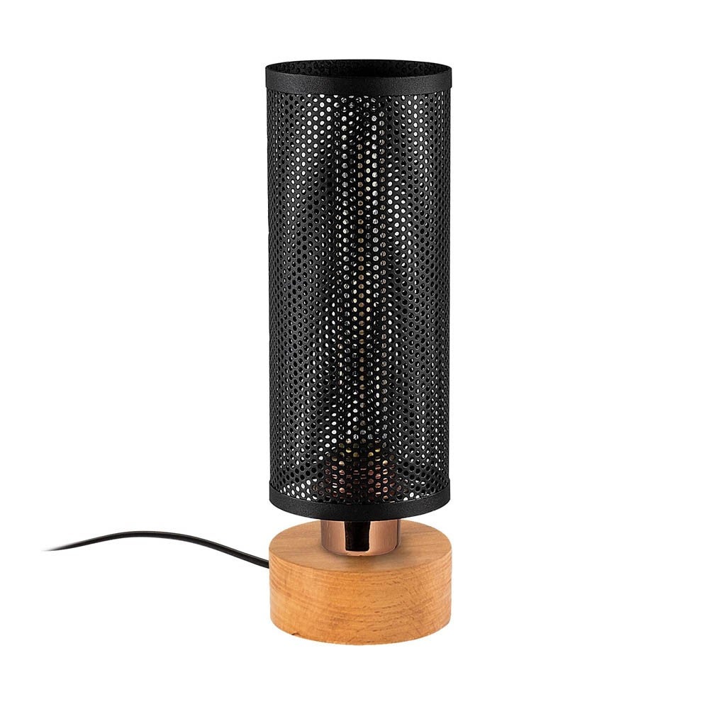 Nowoczesna lampa stołowa Marismo z okrągłą drewnianą podstawą i czarnym metalowym abażurem z kratką ø10 cm