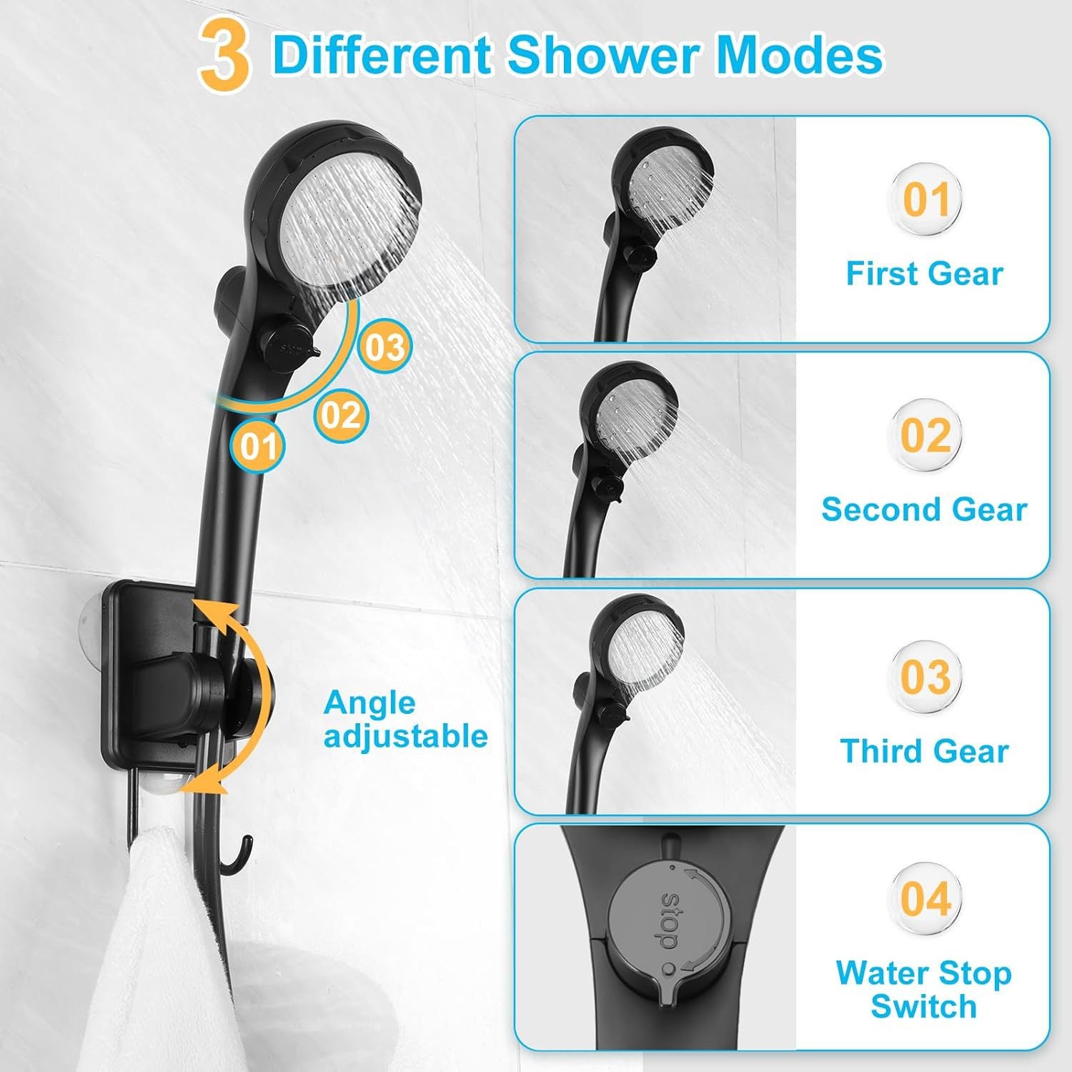 Douche d'extérieur, ensemble de douche avec écran LED, 4 modes de douche, douchette, rechargeable 6000 mAh, idéale pour le camping et la plage, noire - 6