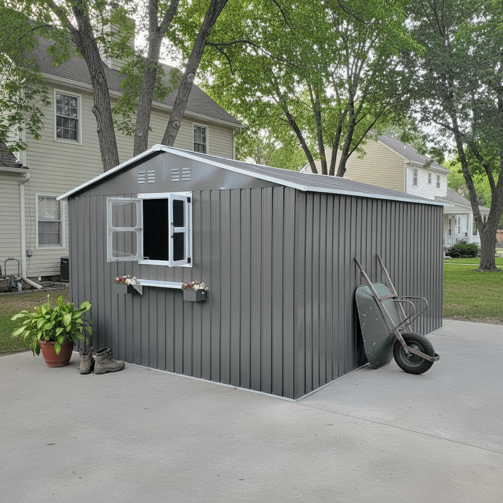 Cobertizo de jardín metálico (359,4x284,2 cm),Caseta jardín para exteriores 10,21 m²,con 3 ventanas,puerta con cerradura y spuesto flores,Gris - 3