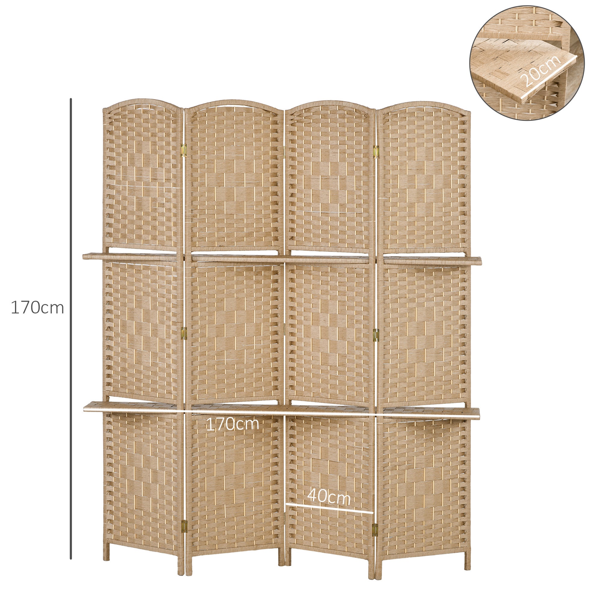 Écran de séparation 160x170 cm naturel de pièce 4 panneaux avec 2 étagères d’exposition pliantes paravent de confidentialité - 5