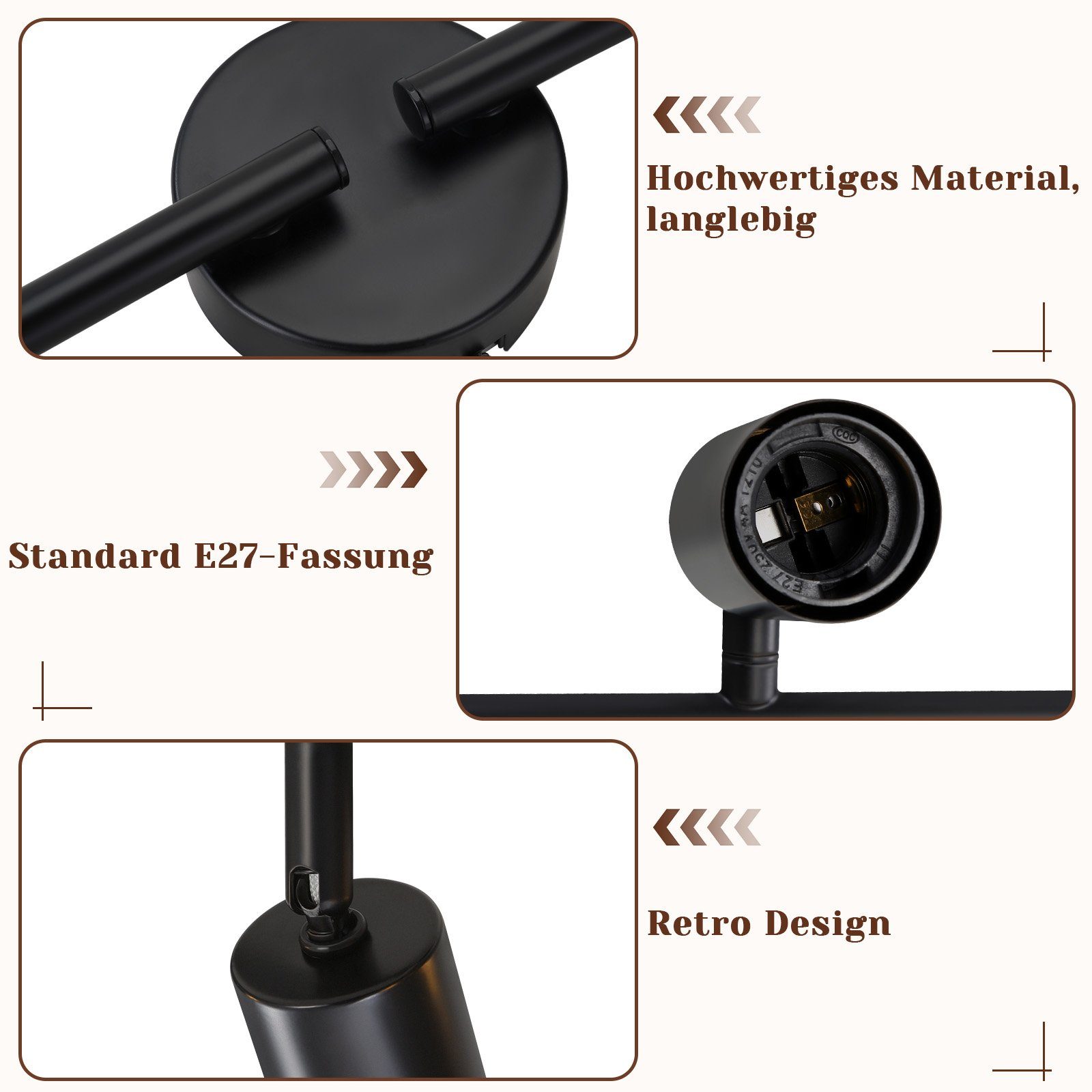 NETTLIFE Plafoniera Faretto da soffitto nero E27 Lampada da industriale orientabile a 350° vintage per corridoio per (Senza lampadina) - 5