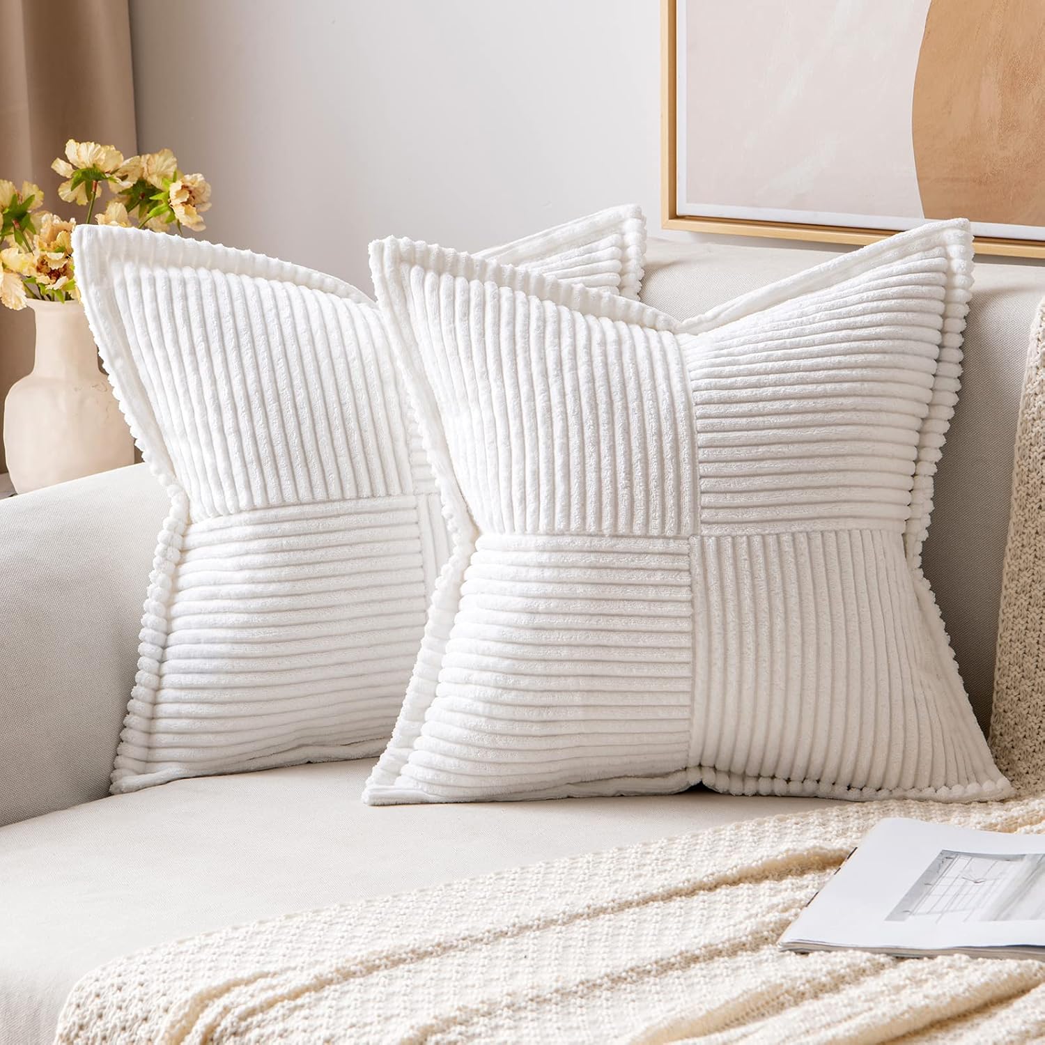 Fundas de cojín decorativas para sofá cama, salón, 60 x 60 cm, juego de 2, fundas de almohada blancas de pana suave con rayas bohemias - 2