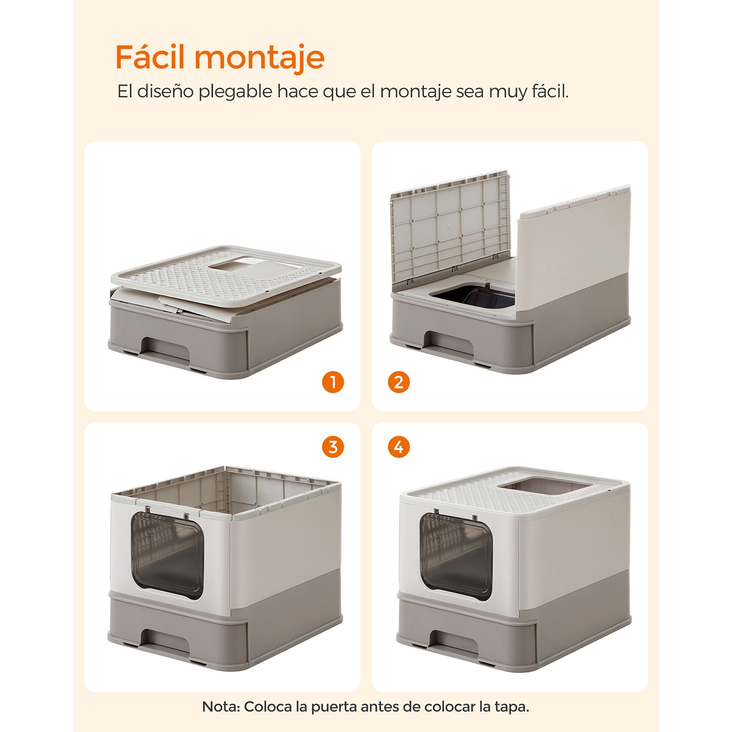 Arenero para gatos grandes con bandeja extraíble, incluye pala y cepillo, carga hasta 15 kg, sistema antifiltración y antiescapes, avena y gris cálido - 8