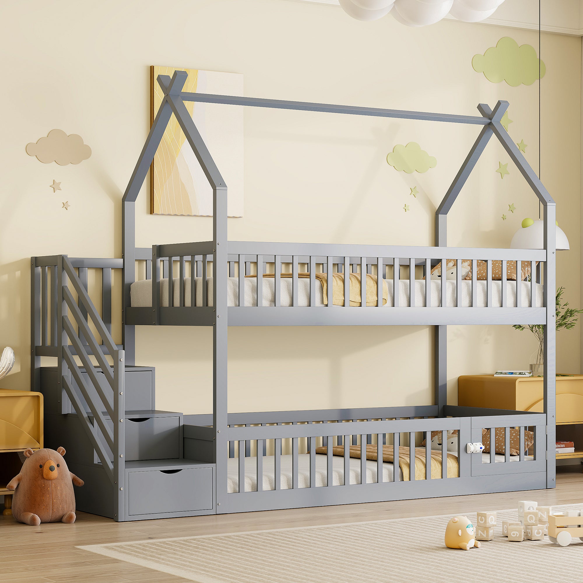Łóżka piętrowe 2 x 90 x 200 cm z 3 szufladami, barierkami i dachem - Drewno lite + sklejka + MDF - Szare (bez materaca)