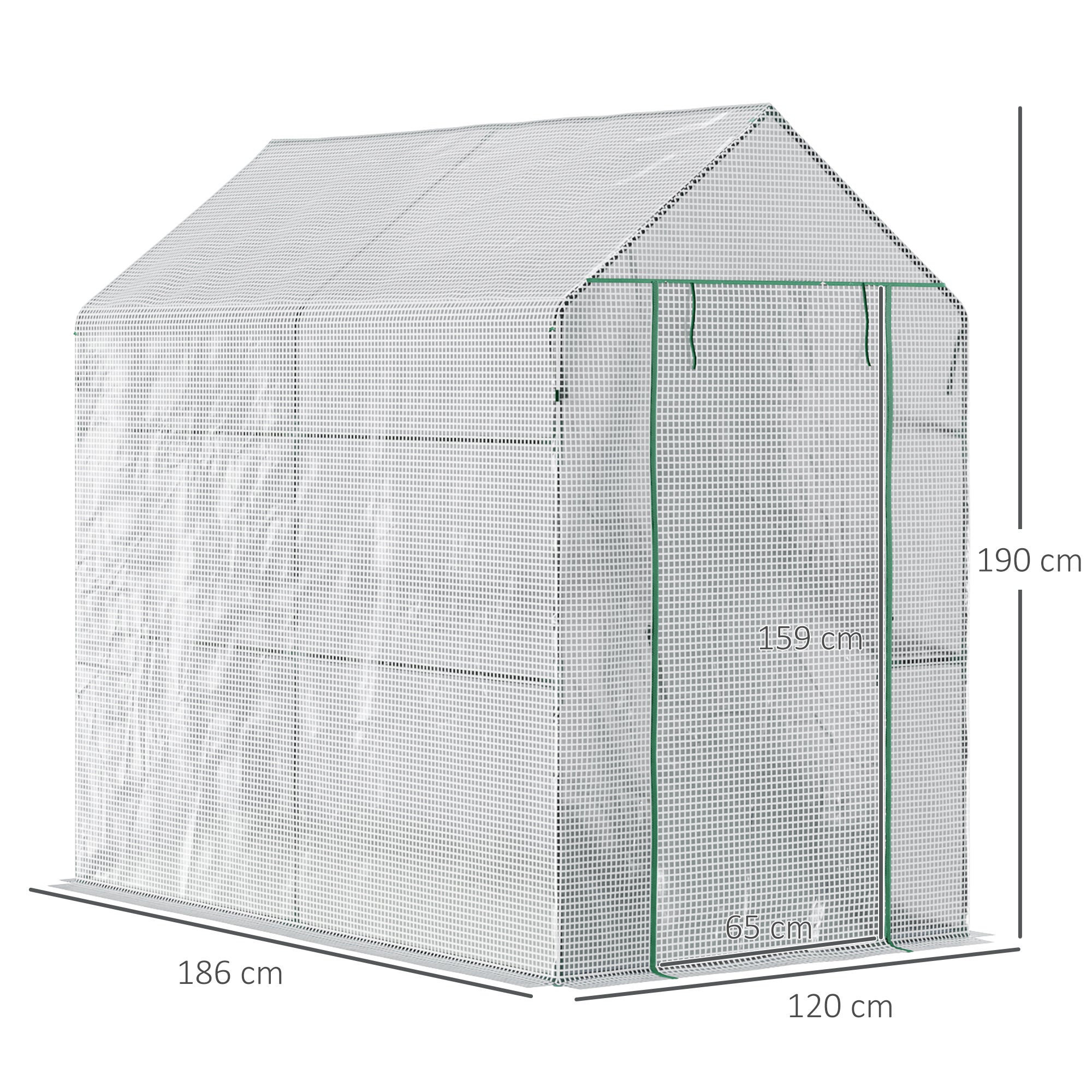 Serre de jardin PE avec étagère 2 niveaux,serre de balcon,bâche renforcée 140g/m²,châssis en acier,porte zippée enroulable,186x120x190cm,blanc - 5