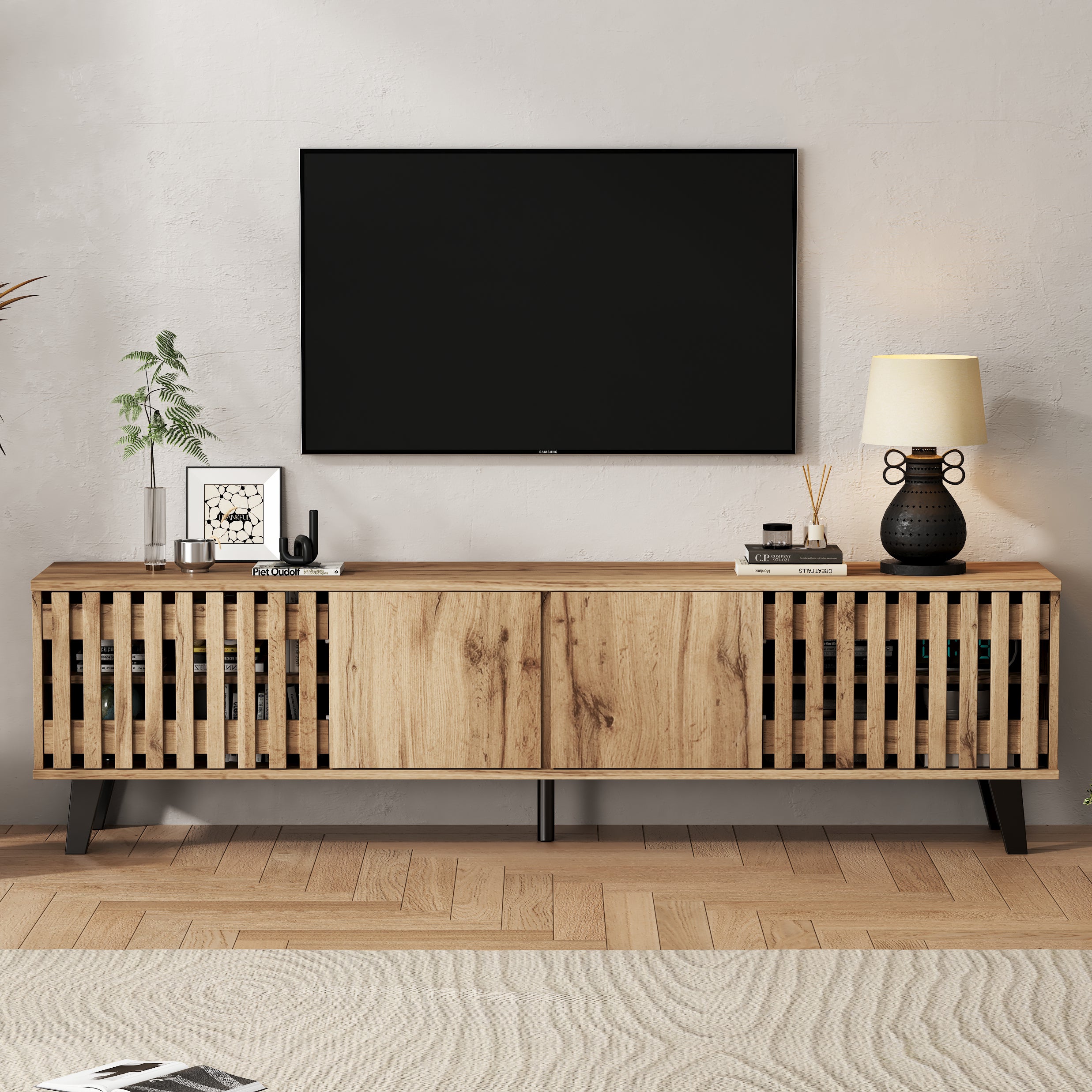 Kebnor Mobile TV E Credenza In Legno – Set Da Salotto 180cm + 150cm – 8+6 Scomparti, Ante, Stile Nordico