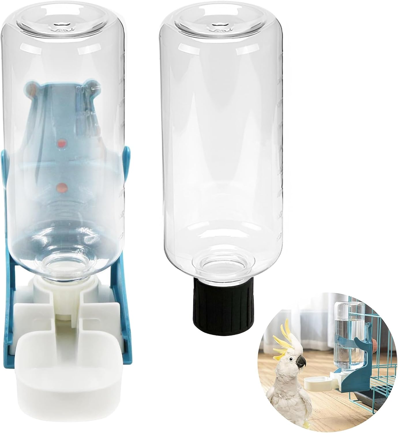 Automatyczny dozownik wody i karmy dla ptaków w klatkach. W zestawie dwie butelki. Idealny dla papug i papużek.